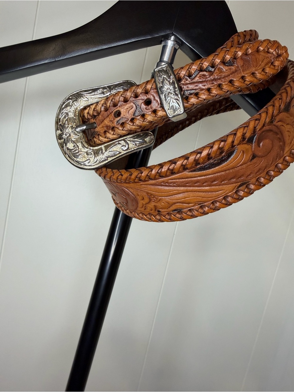 Vintage Hand-Tooled Tan Leather Braided Western Belt with Silver Buckle